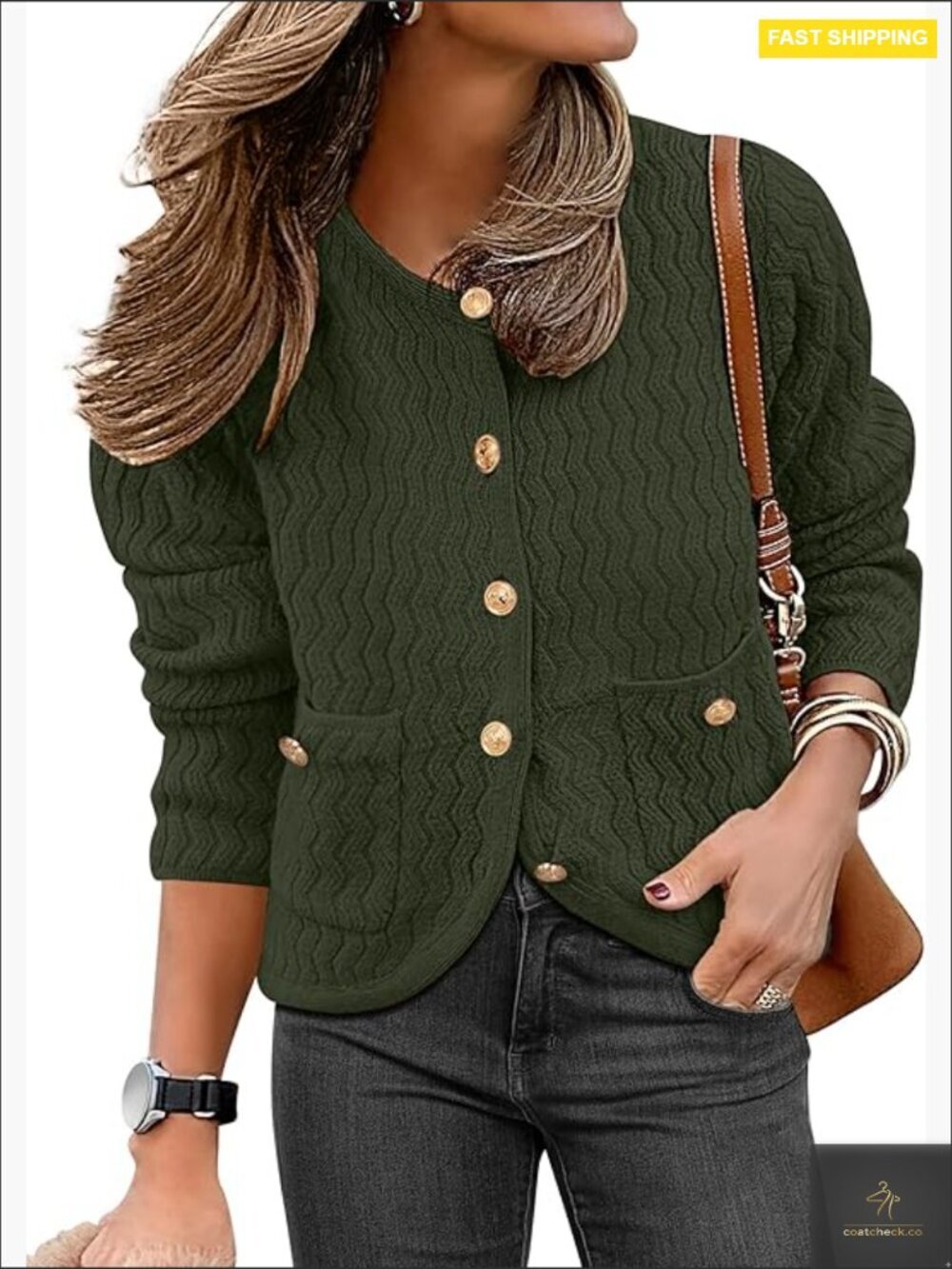Textured Knit Cardigan Cropped Chevron Pattern Casual Chic Gold Buttons